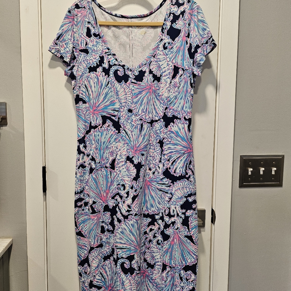 Lilly Pulitzer MALIN MIDI DRESS Deep Sea Navy Shells Bells Blue Large